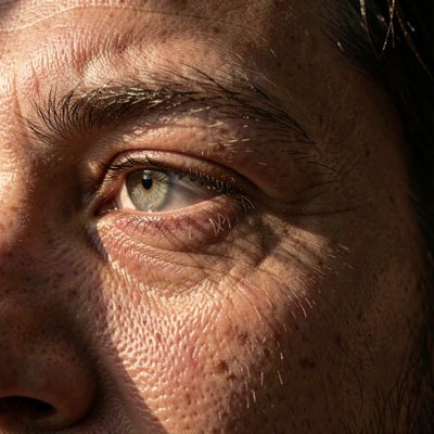 close up of an adult person's eyes in dramatic side lighting