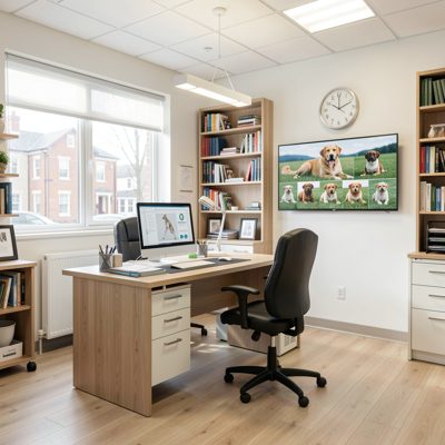 a veterinary consulting room with bright light