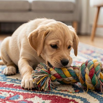 a puppy chewing a rope toy on a rug