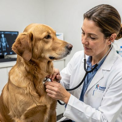 a vet listening to a dog's chest with a stethoscope