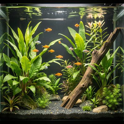 a fish tank with plants and small bright fish