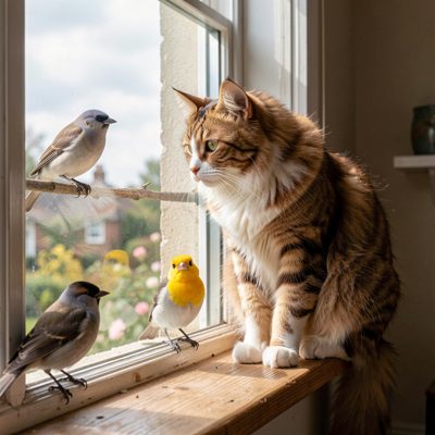 a cat watching birds from a windowsill