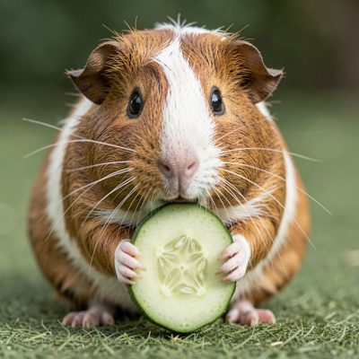 a guinea pig eating a slice of cucumber