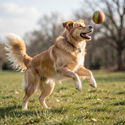 a dog catching a ball in mid air