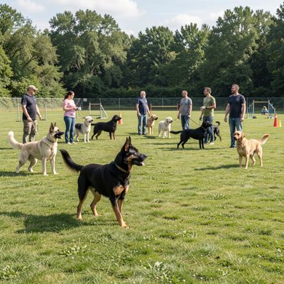 a dog training class on a grass field