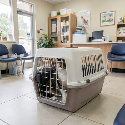 a cat in a carrier at a vet waiting room