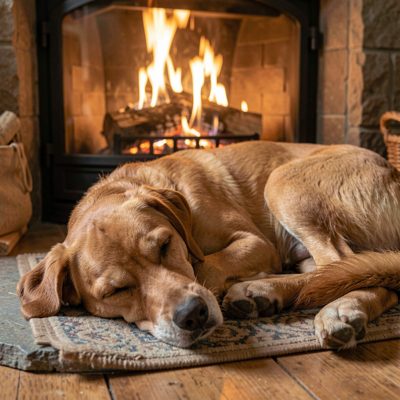 a dog asleep in front of a fireplace