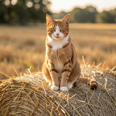 a farm cat sitting on a hay bale