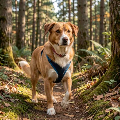 a dog wearing a harness on a woodland walk