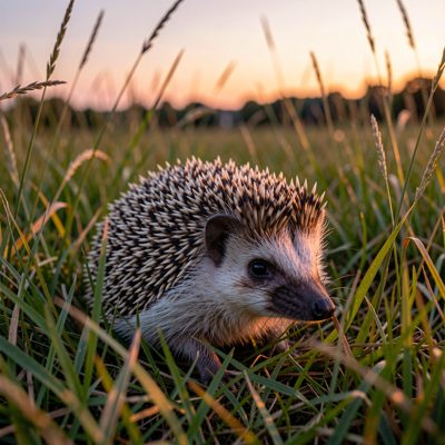 a hedgehog in long grass at dusk