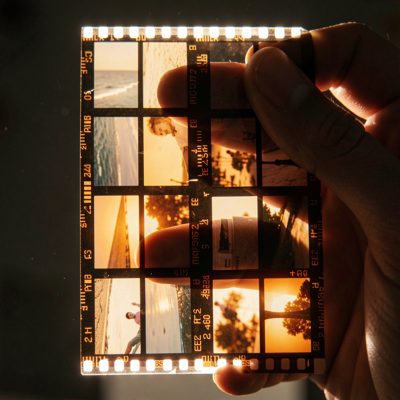 a strip of developed negatives held to the light