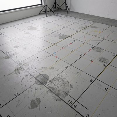a studio floor taped with position marks