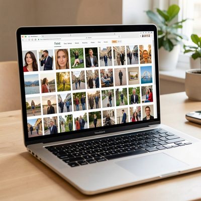 a laptop showing a grid of thumbnails