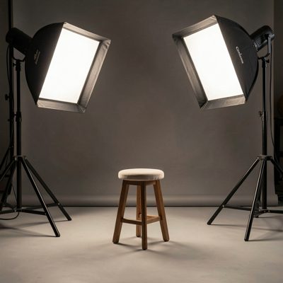 a studio with two lights and a subject stool