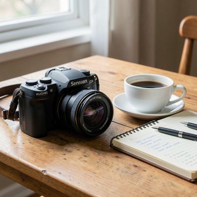 a camera on a table beside a coffee and notebook