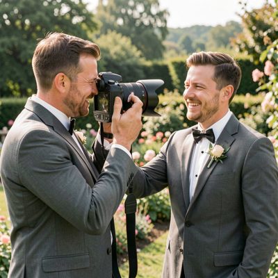 a photographer shooting two grooms outdoors