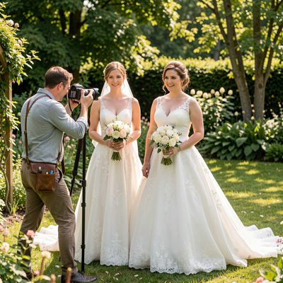 a photographer shooting two brides outdoors
