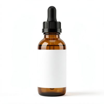 an amber glass dropper bottle with a blank unprinted white label on white