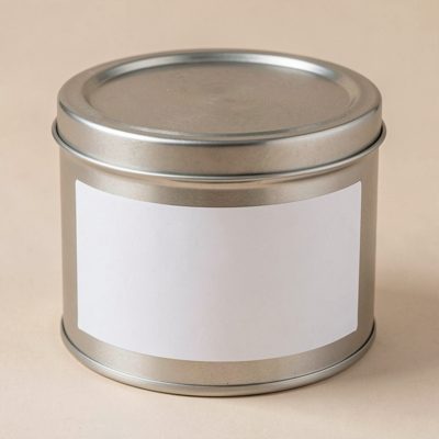 a round tin with a push fit lid and a blank white label