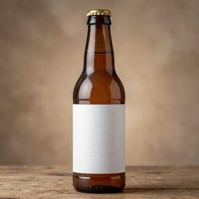a beer bottle with a crown cap and a blank white label