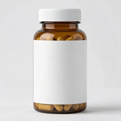 a supplement pill bottle with a blank white label