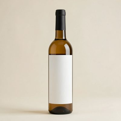 a tall slim bottle with a blank unprinted white label on a pale backdrop
