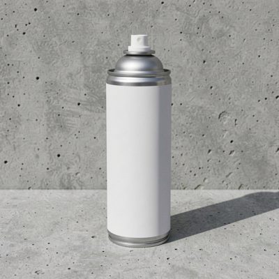 a spray can with a blank white label on a concrete surface