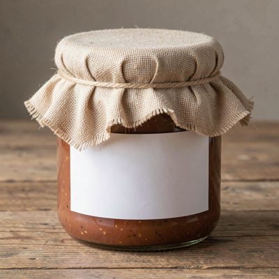 a jam jar with a fabric lid cover and a blank white label