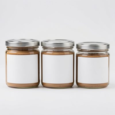 a set of three jars in graduated sizes with blank white labels