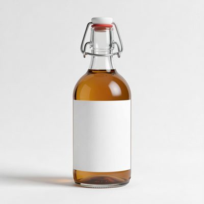 a glass bottle with a swing top and a blank white label