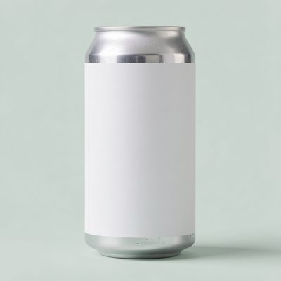 a drinks can with a blank unprinted white label on a pale background