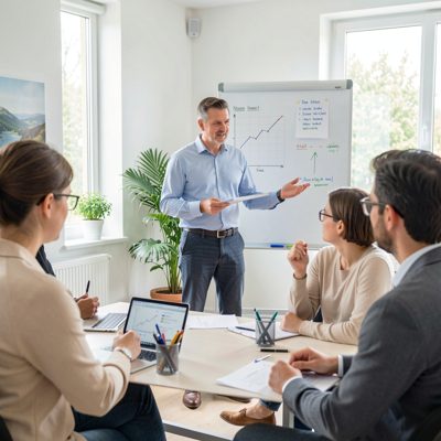 a consultant presenting to a small group in a bright room