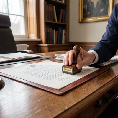 a notary stamping a document at a desk