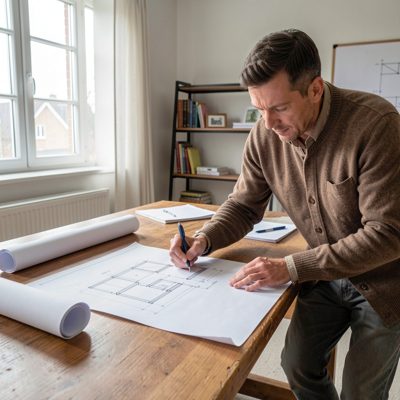 an architect reviewing drawings on a large table