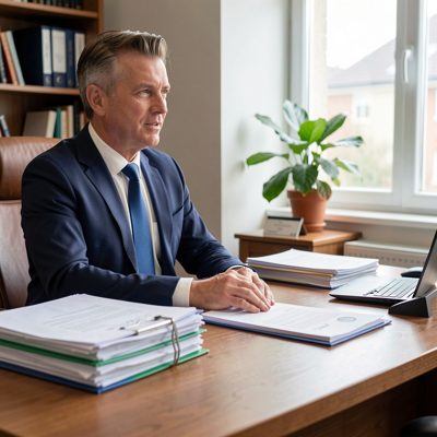 a tax adviser with folders stacked on a desk