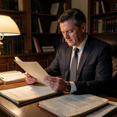a lawyer reading case files late at night