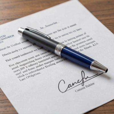 a pen resting on a signed agreement
