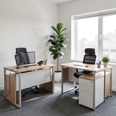 a small consultancy office with two desks and a plant