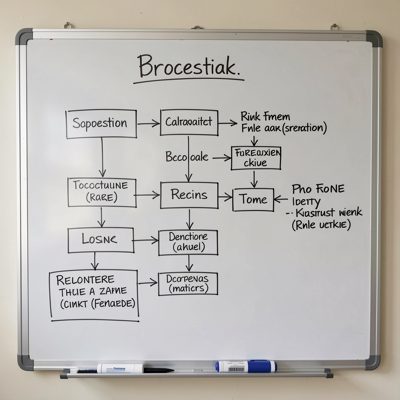 a whiteboard with a process flow drawn in marker