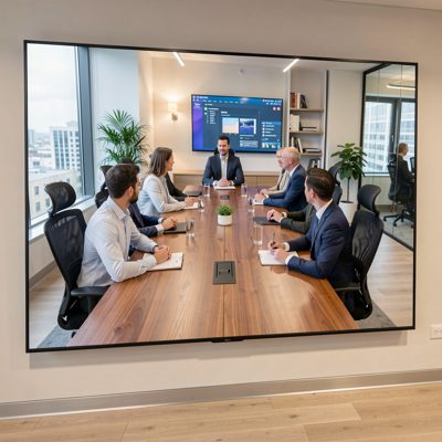a virtual meeting shown on a large wall display