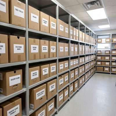 a filing room with labelled archive boxes
