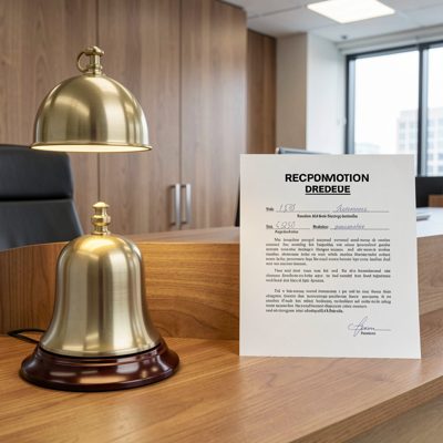 an office reception with a bell and a sign in sheet