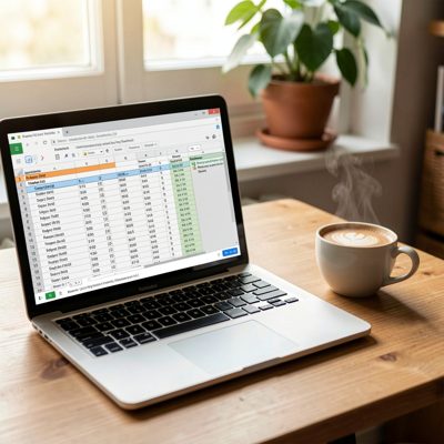 a laptop showing a spreadsheet beside a coffee