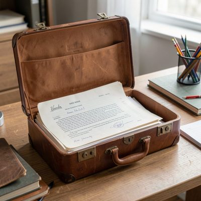 a briefcase open on a desk with papers inside