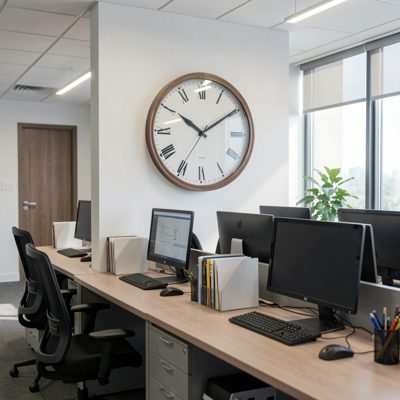 a wall clock above a row of office desks