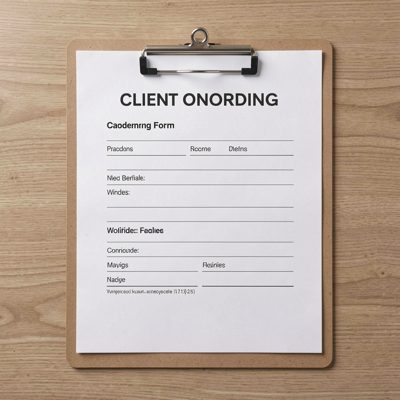 a client onboarding form on a clipboard