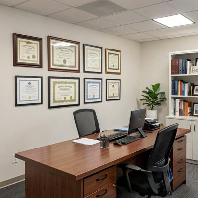 an office with framed certificates on the wall