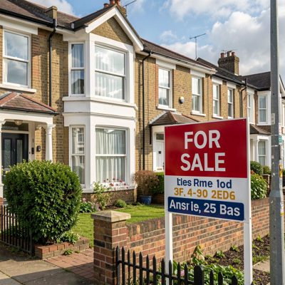a for sale sign outside a terraced house