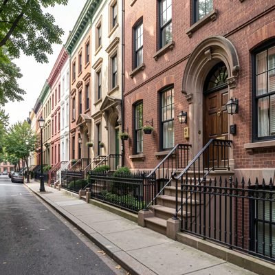 a townhouse street with iron railings