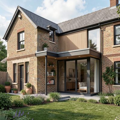 a modern extension joining an older house